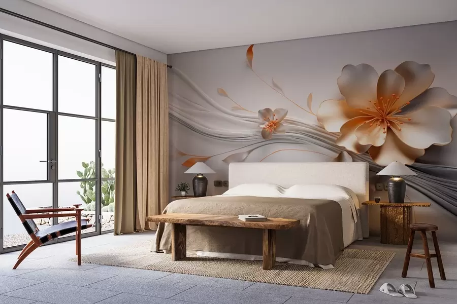 Valokuvatapetti Oranssi kukka harmaalla abstraktilla taustalla w09004