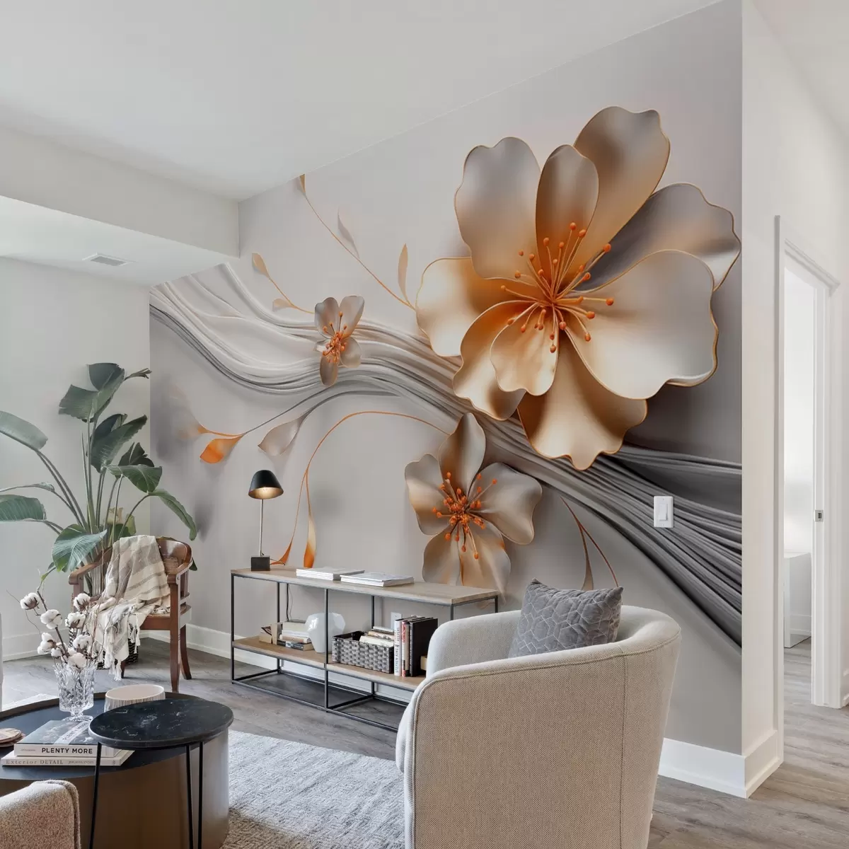 Valokuvatapetti Oranssi kukka harmaalla abstraktilla taustalla w09004