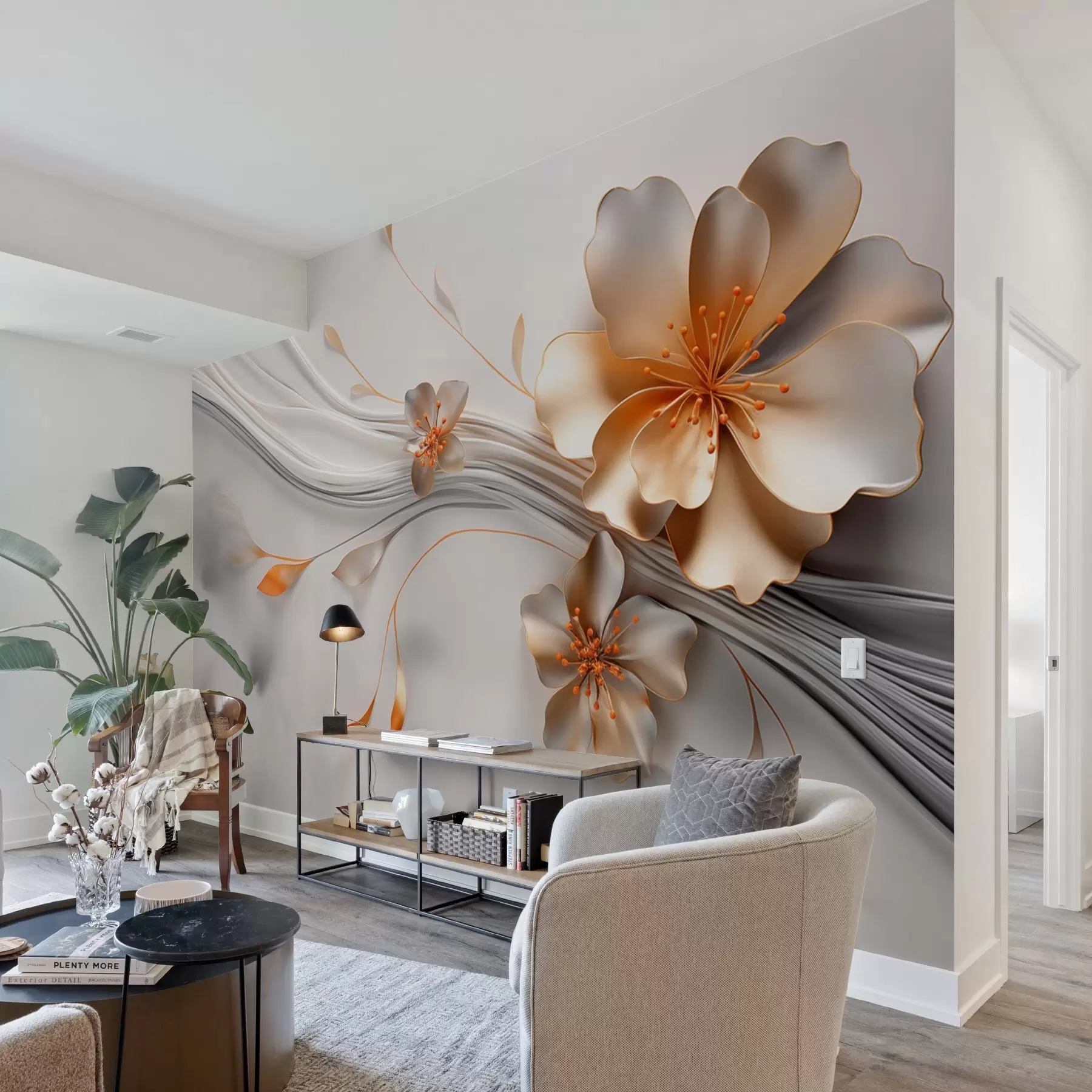 Valokuvatapetti Oranssi kukka harmaalla abstraktilla taustalla w09004