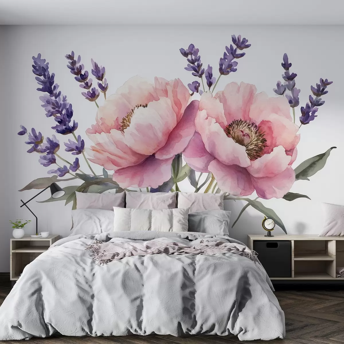 Valokuvatapetti Akvarelli tyyli pionit, laventeli, kukat, luonnonvärit w03671