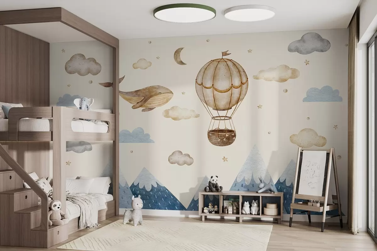 Valokuvatapetti Ilmapallo, söpö valas, tähtitaivas, vuoret, akvarelli, siniset ja beiget värit w03672