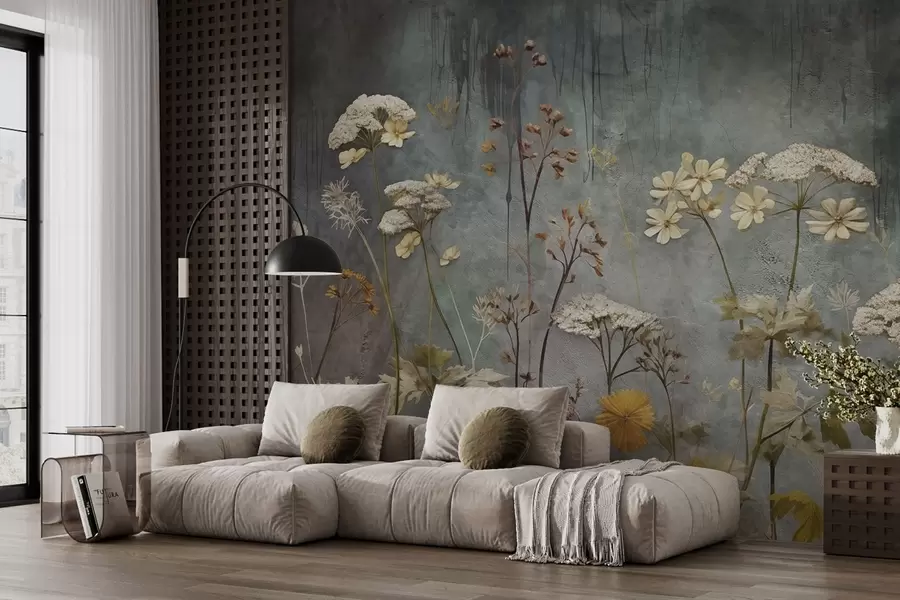 Valokuvatapetti Luonnonvaraisia kukkia ja ruohoja grunge seinän taustalla w03697