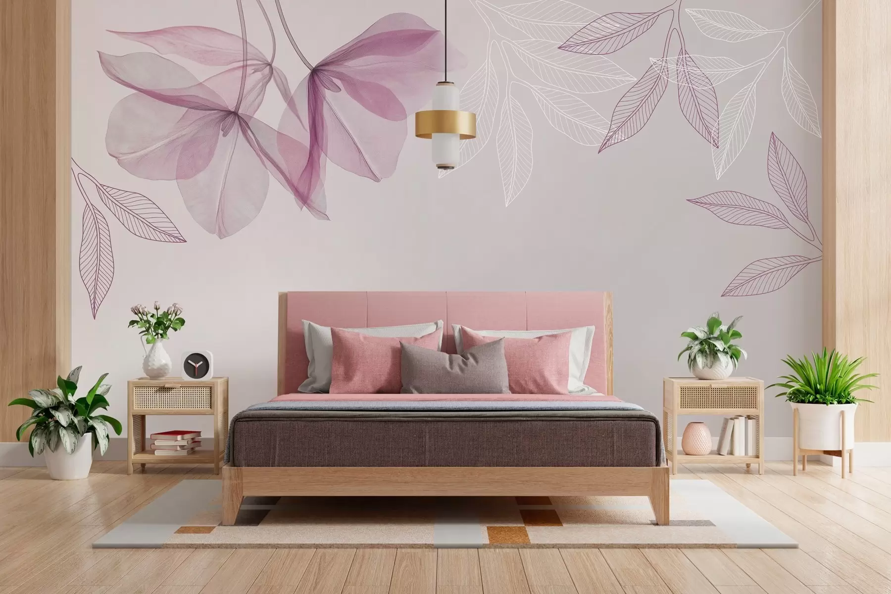 Valokuvatapetti hennot läpikuultavat kukat ja lehdet violetin sävyisinä w03616v4