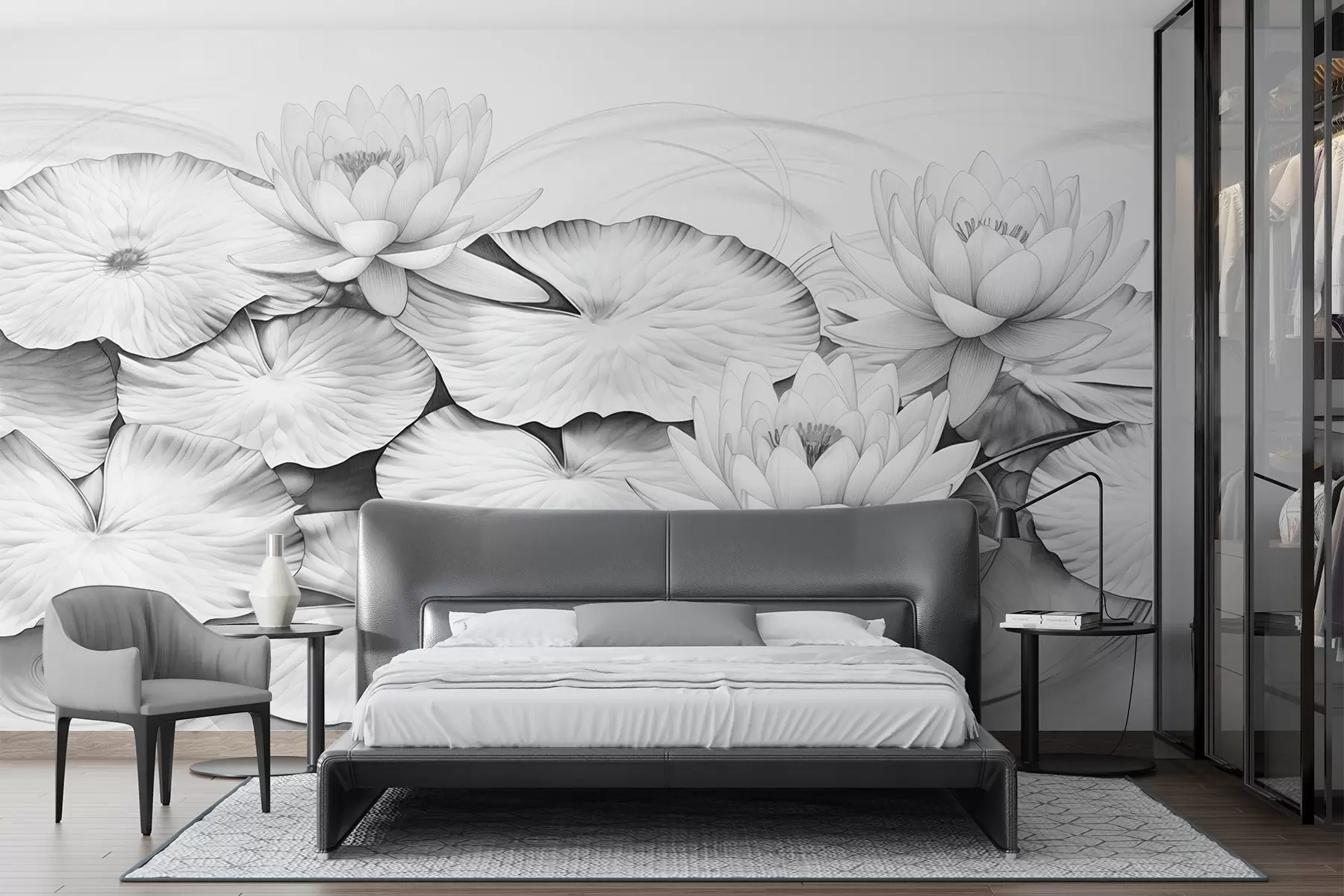 Valokuvatapetti Vesililjat ja liljatyynyt lammessa, mustavalkoinen jäljitelmä lyijykynäpiirroksesta, yksityiskohtainen kasvitieteellinen kuvitus, luontotaidetta w09006