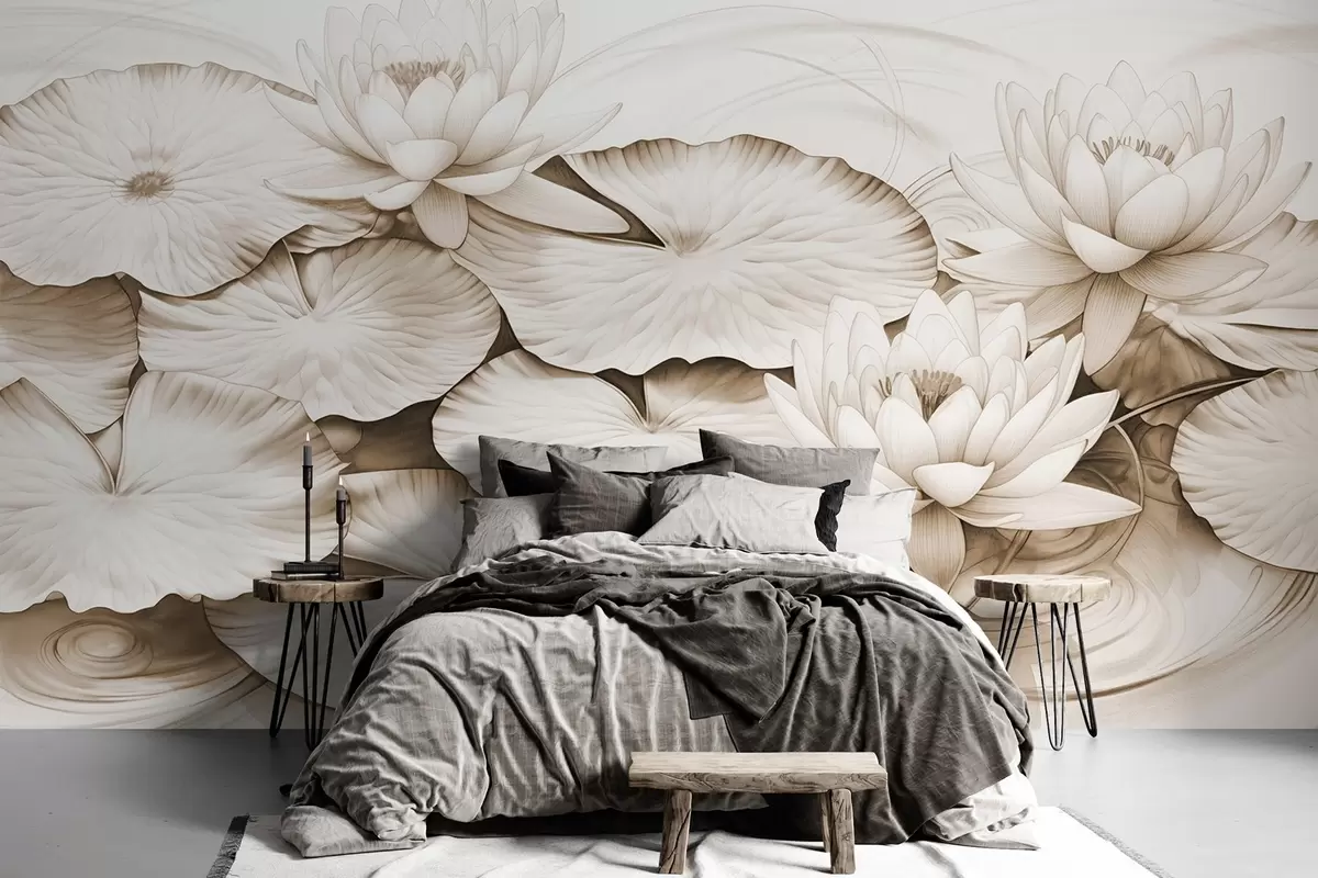 Valokuvatapetti Vesililjat ja liljatyynyt lammessa, ruskea ja valkoinen jäljitelmä lyijykynäpiirustus, yksityiskohtainen kasvitieteellinen kuvitus, luontotaide w09006v2