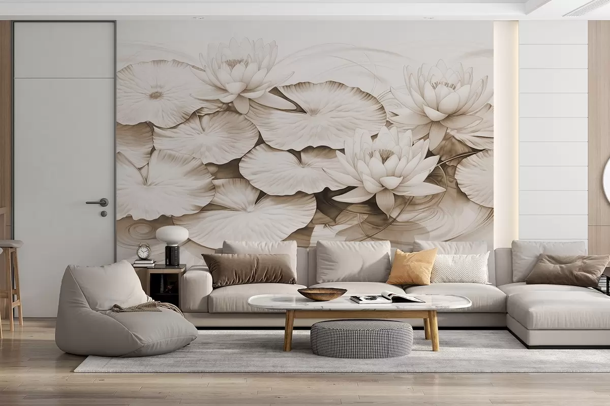 Valokuvatapetti Vesililjat ja liljatyynyt lammessa, ruskea ja valkoinen jäljitelmä lyijykynäpiirustus, yksityiskohtainen kasvitieteellinen kuvitus, luontotaide w09006v2