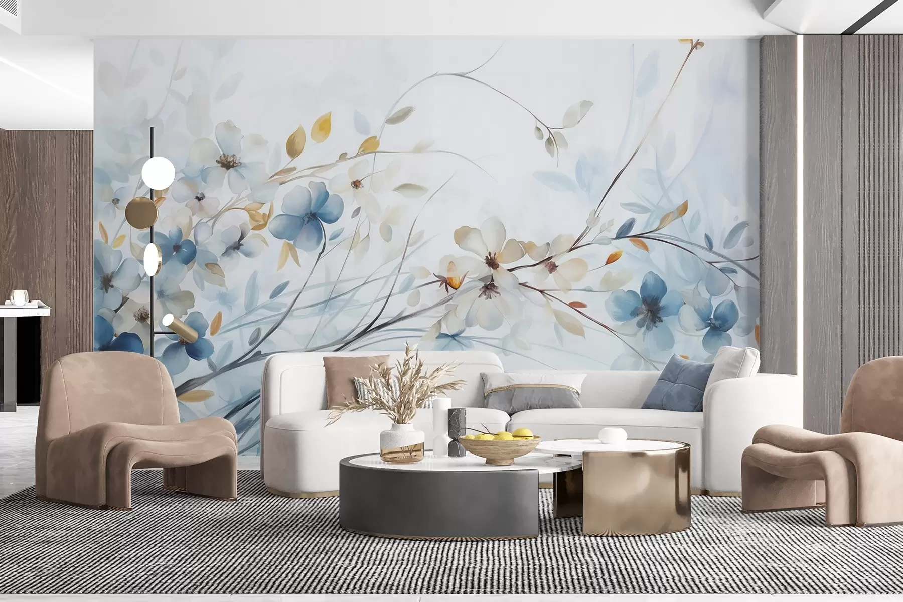 Valokuvatapetti Kukka-asetelma, jossa on sinisiä, oransseja lehtiä ja valkoisia kukkia, herkät terälehdet, ohuet oksat, pehmeät värit, akvarellivaikutelma w09009