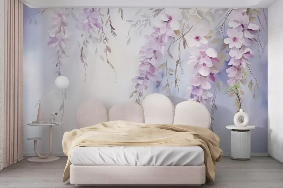 Valokuvatapetti Wisteria kukkia, joissa on lila terälehdet ja vihreät lehdet roikkuvat oksista, pehmeät pastellivärit, pastellivärinen tausta w09010