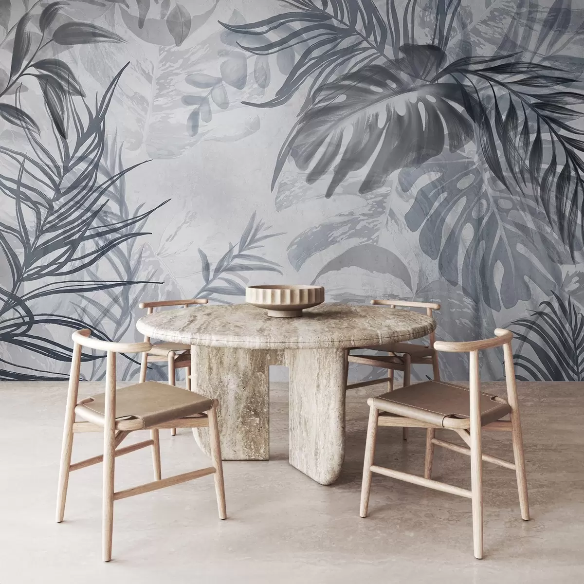 Valokuvatapetti Monstera ja palmunlehdet sinisen ja harmaan sävyissä, kasvitieteellinen, trooppiset lehdet, viidakkokasvit, kuvioitu tausta w09011v1