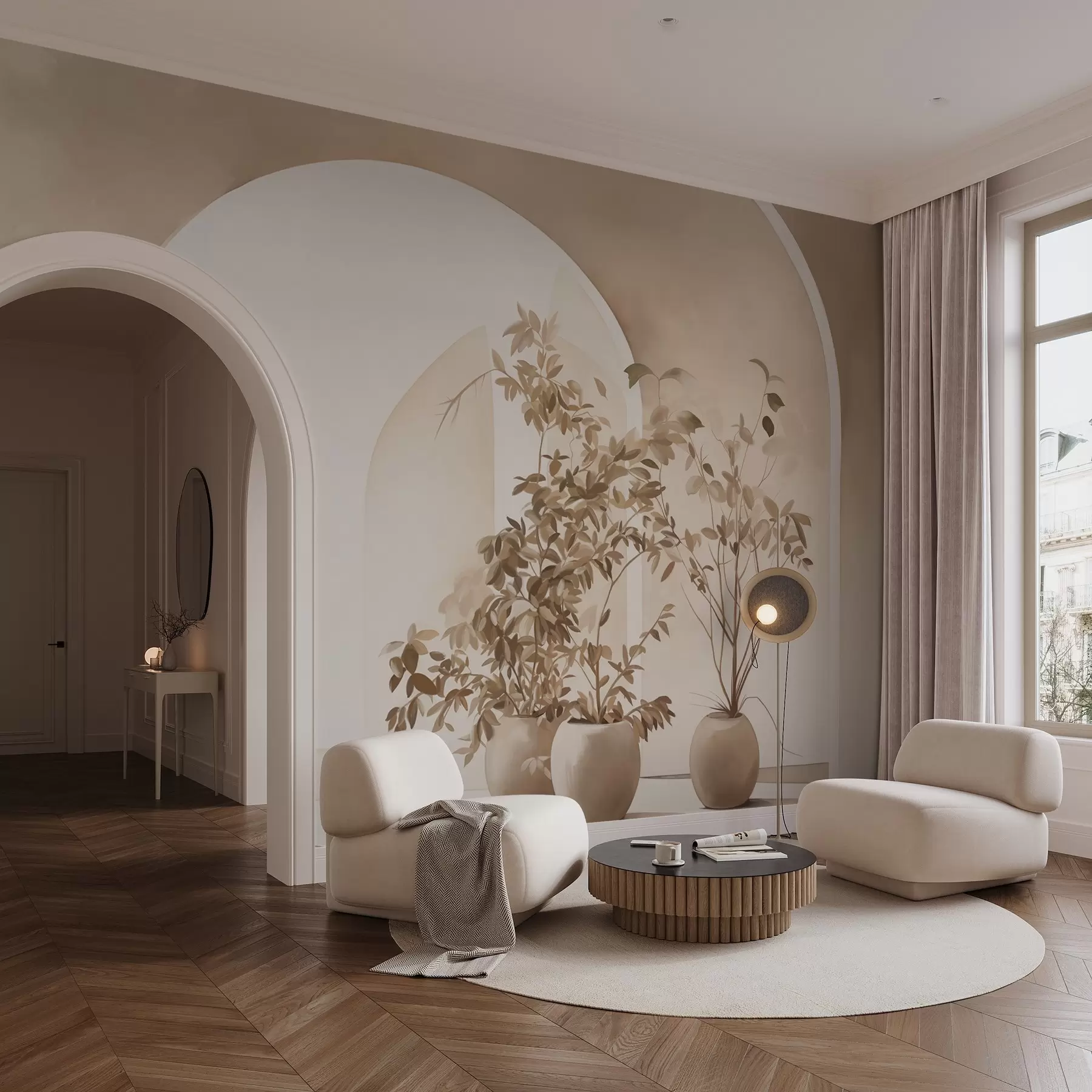 Valokuvatapetti Kasveja ruukuissa beige sävyjä edessä abstrakti kaaret, minimalistinen tyyli, tyylikäs ja puhdas, neutraali tausta w09013