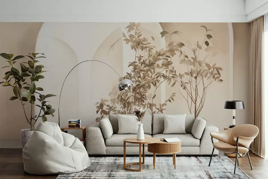 Valokuvatapetti Kasveja ruukuissa beige sävyjä edessä abstrakti kaaret, minimalistinen tyyli, tyylikäs ja puhdas, neutraali tausta w09013