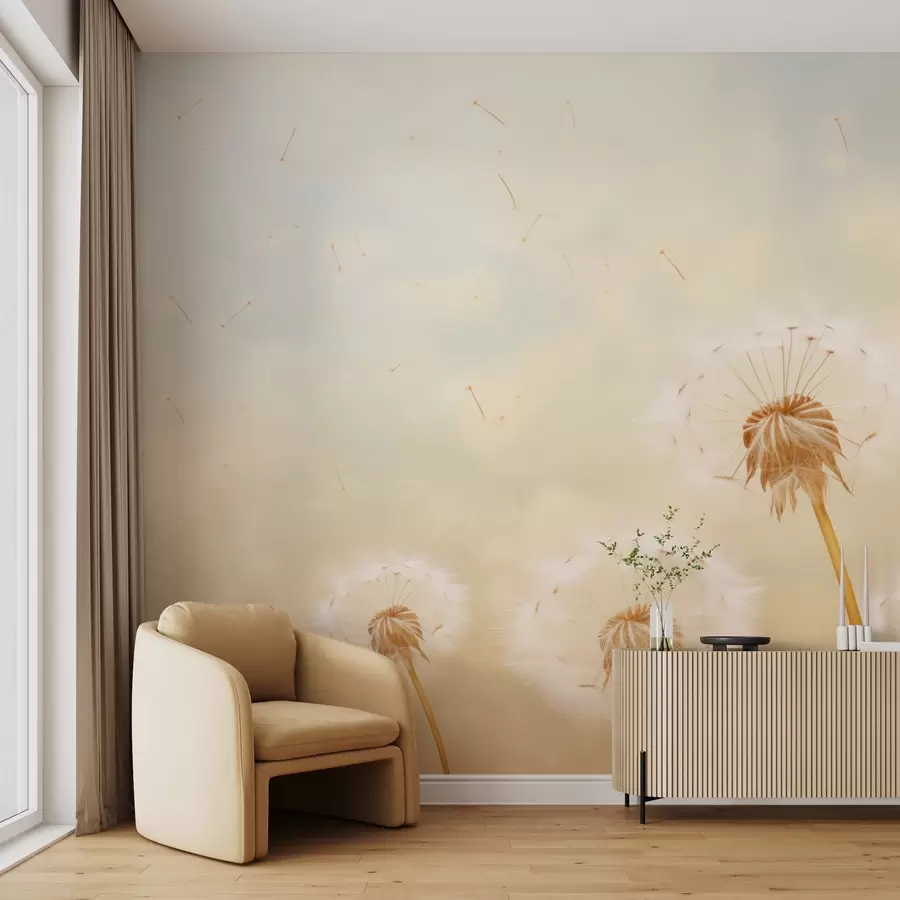 Valokuvatapetti Ilmava beige voikukkia puhaltaa tuulessa taivasta vasten - w09028