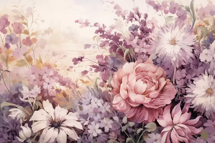 Valokuvatapetti Värikkäitä kukkia vaaleanpunaisen ja violetin sävyissä: syreenit, pionit, krysanteemit w09039