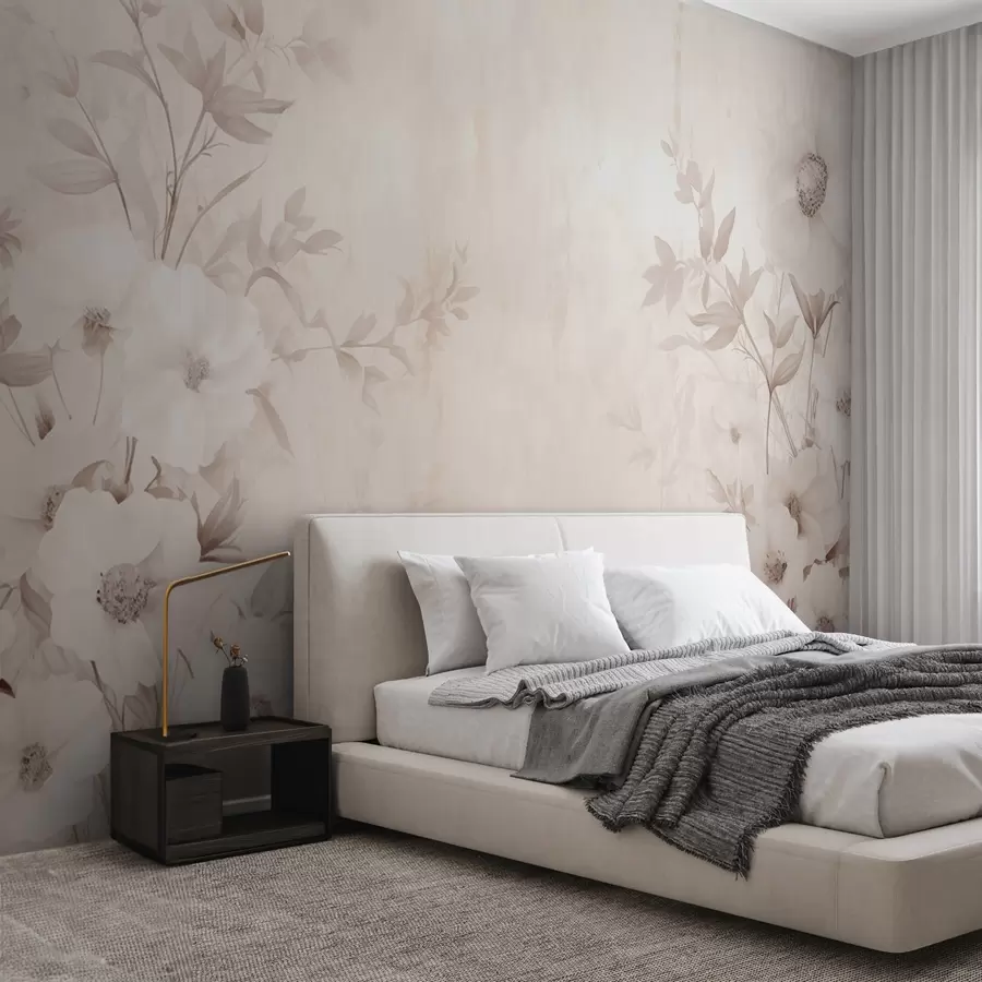 Valokuvatapetti Kukkia ja lehtiä neutraaleissa vaaleissa sävyissä akvarellityyliin w09040