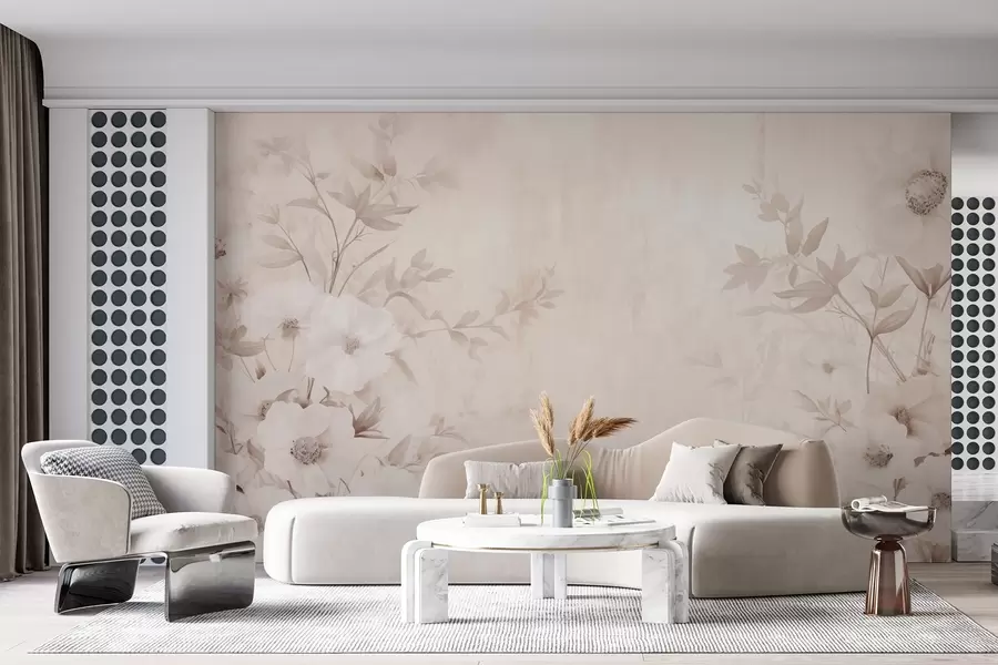 Valokuvatapetti Kukkia ja lehtiä neutraaleissa vaaleissa sävyissä akvarellityyliin w09040