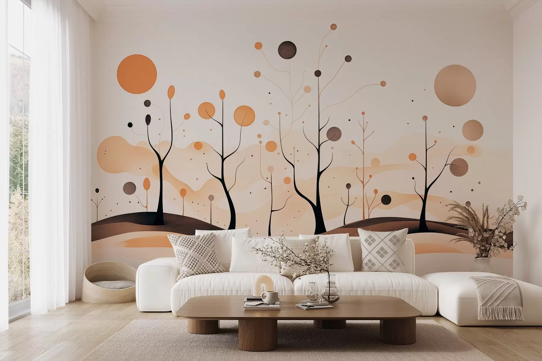 Valokuvatapetti Abstrakteja puita, joissa on palloja ja aurinko beige-harmaita sävyjä w09043