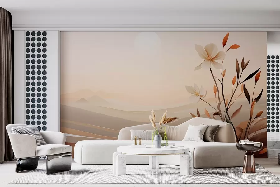 Valokuvatapetti Kasvava kukka aavikon ja vuorten taustaa vasten w09044