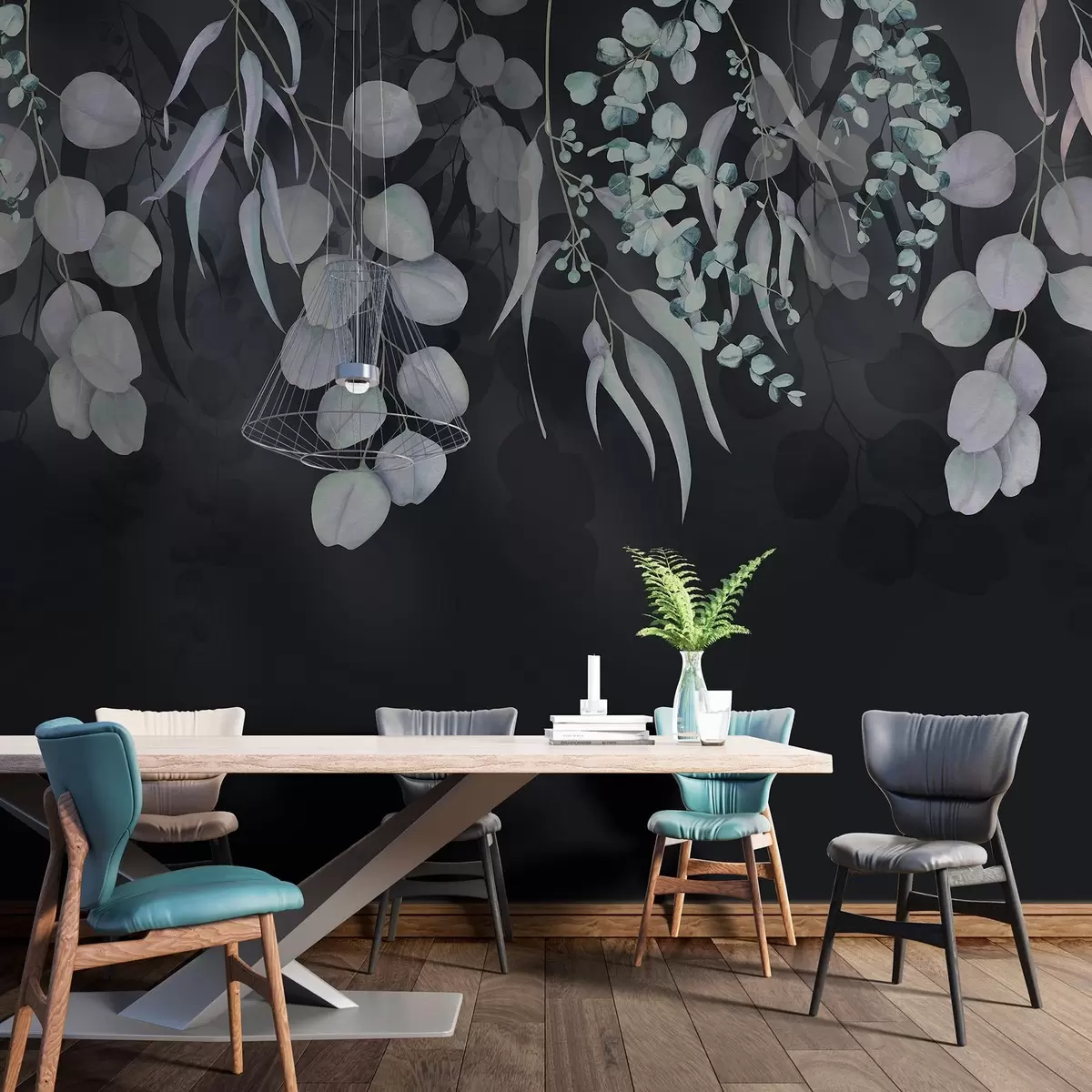 Valokuvatapetti Trooppiset lehdet tummansinisellä taustalla, kukkainen w03752v2