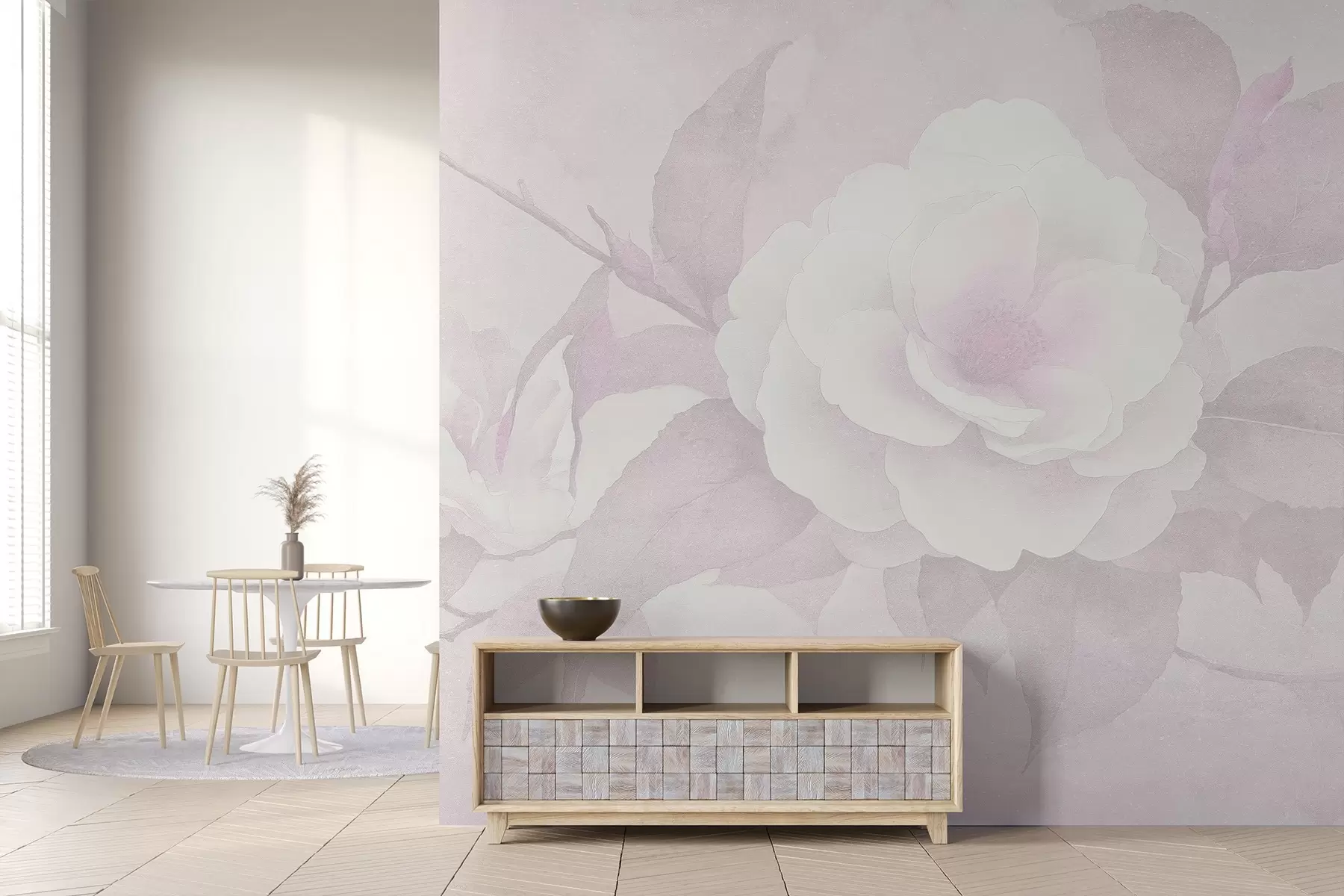 Valokuvatapetti Pehmeä pastelli, jossa on kameliakukkia oksalla, vaaleanpunaiset värit w03760v2