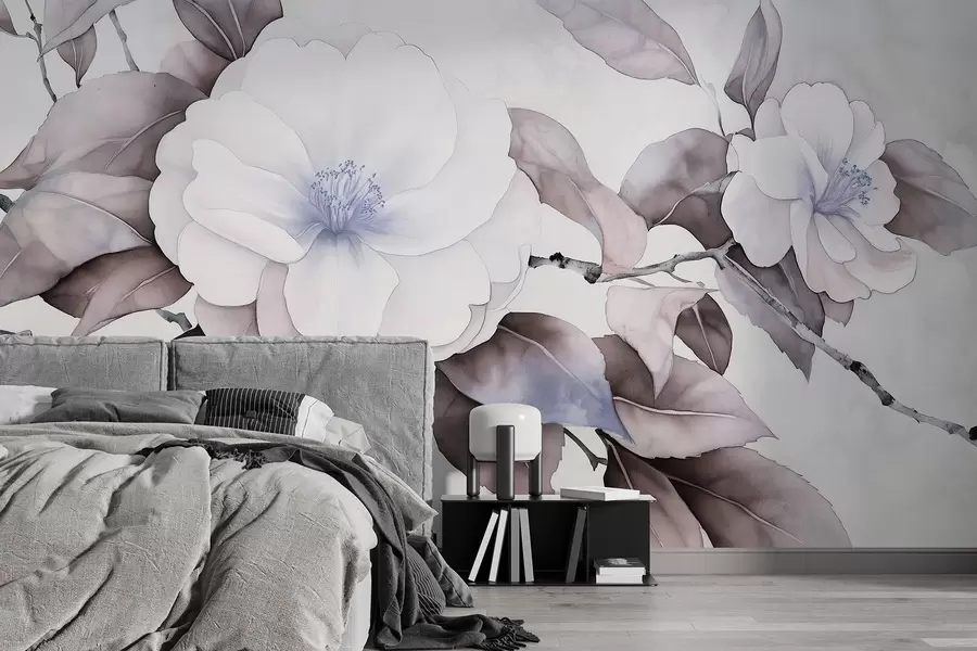 Valokuvatapetti Vesivärityyliin kamelia kukkia oksalla, violetit värit w03761v1