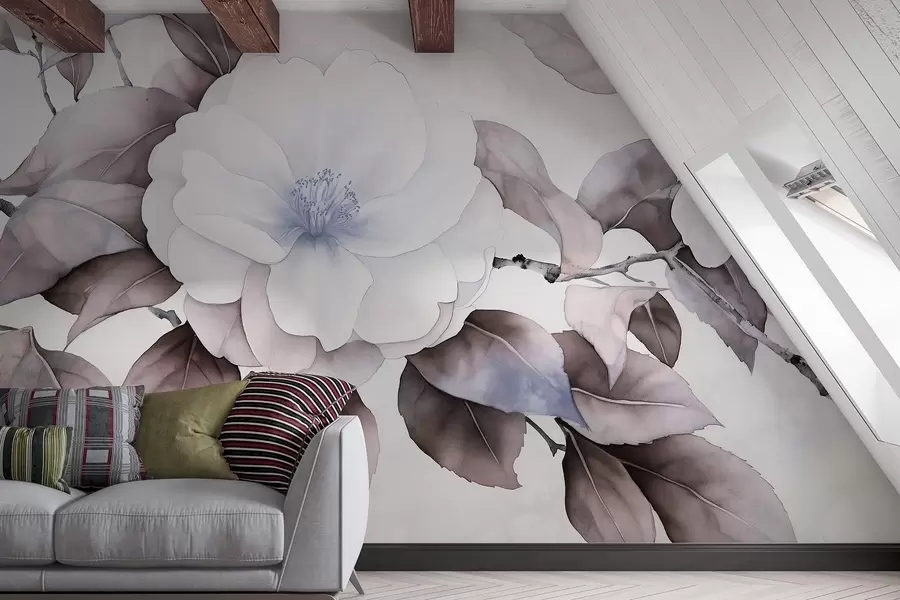 Valokuvatapetti Vesivärityyliin kamelia kukkia oksalla, violetit värit w03761v1