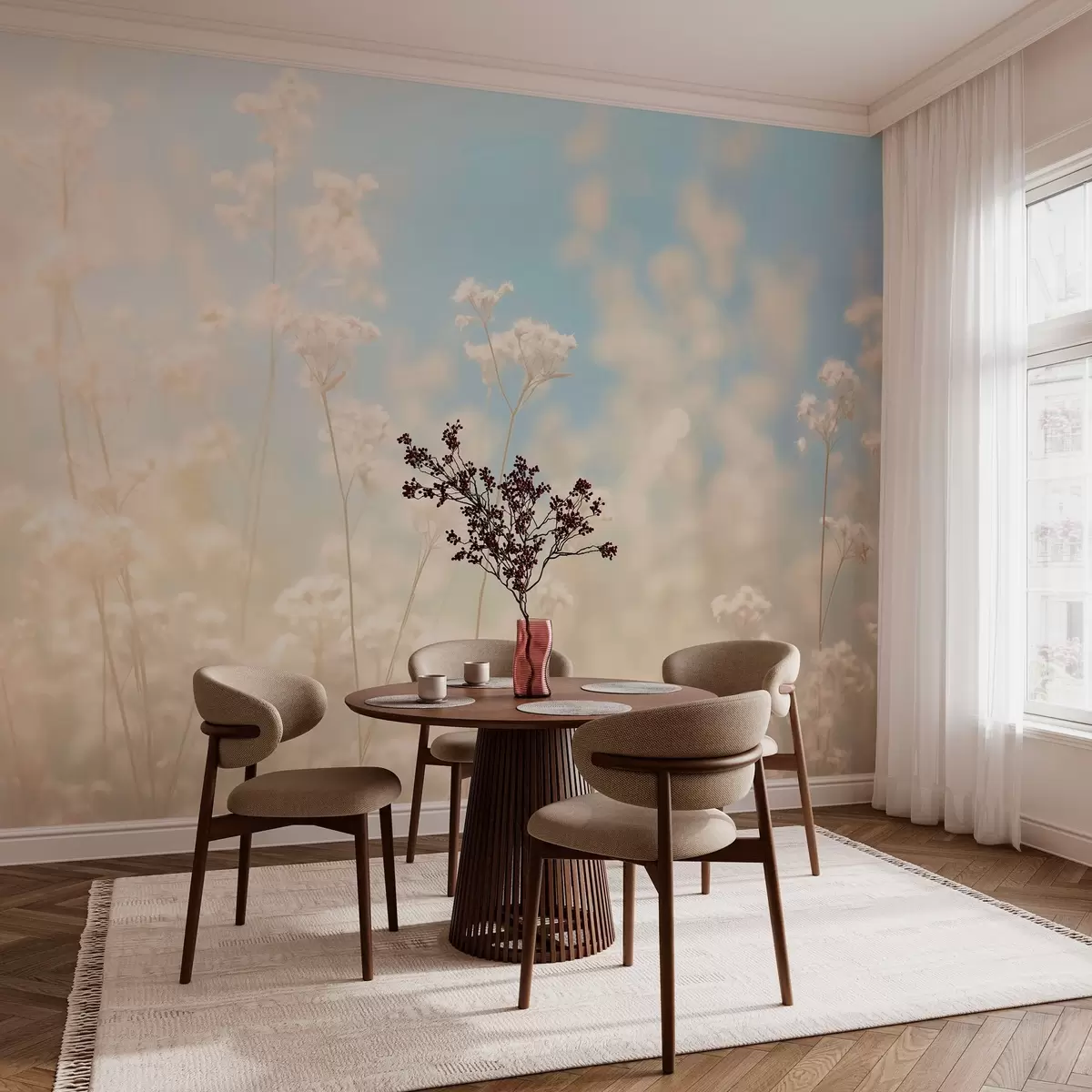 Valokuvatapetti Herkkä kuivattujen kukkien kenttä sumeassa auringonvalossa w03801