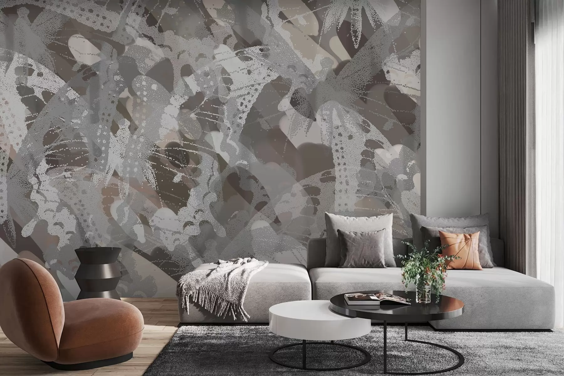 Valokuvatapetti abstraktio parvi perhosia harmaan ja ruskean sävyjä w03725