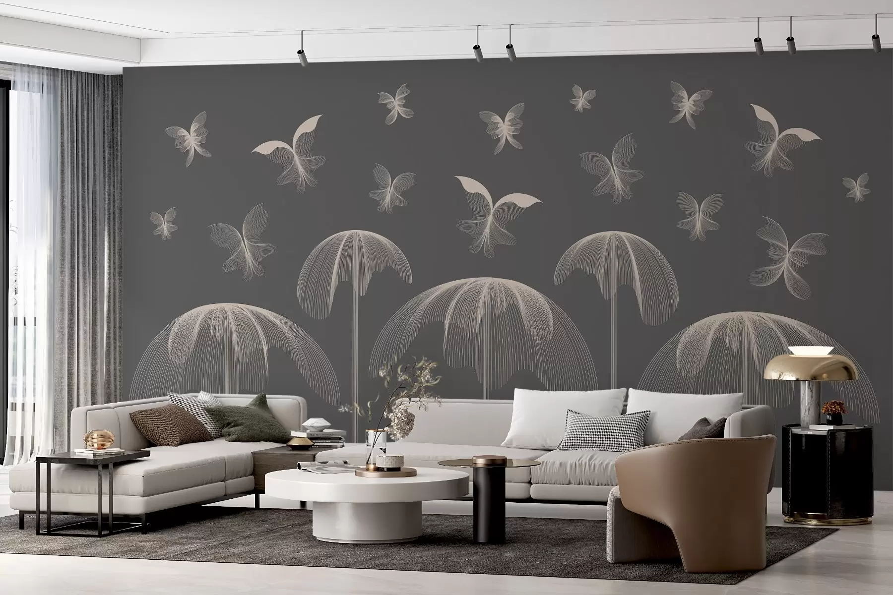 Valokuvatapetti minimalistinen lineaarinen taustakuva perhosia ja suihkulähteitä tummanharmaalla taustalla w03762v1