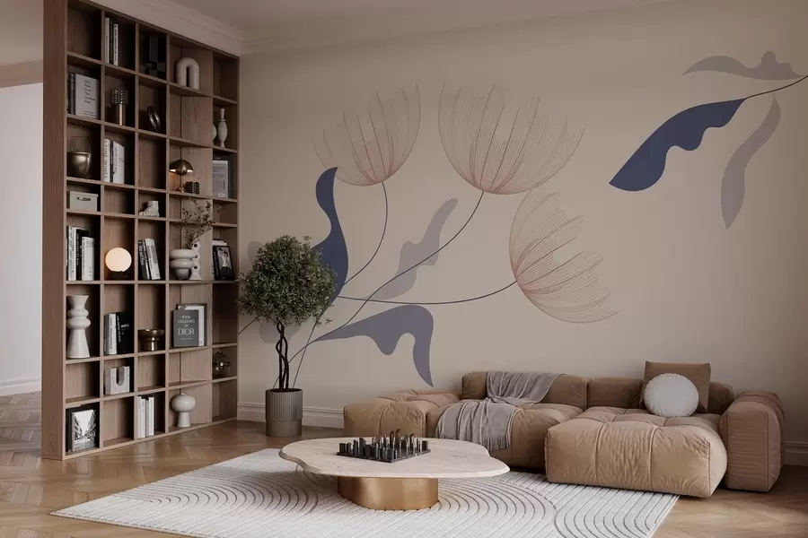 Valokuvatapetti elegantti minimalistinen kukkia sinisen sävyjä beige tausta w03763