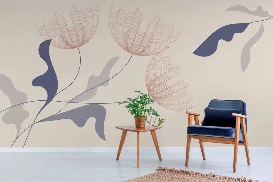 Valokuvatapetti elegantti minimalistinen kukkia sinisen sävyjä beige tausta w03763