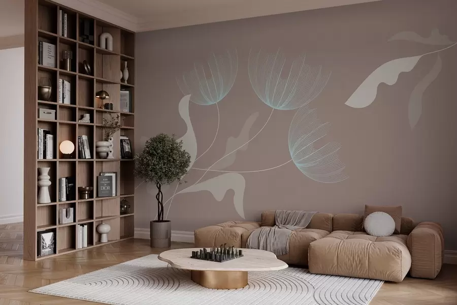 Valokuvatapetti tyylikkäät minimalistiset kukat valkoisen ja sinisen sävyillä mokkan värisellä pohjalla w03763v3