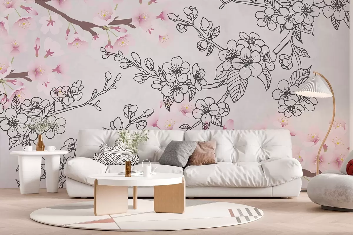 Valokuvatapetti Sakuran oksat piirretty ja värillinen w03711