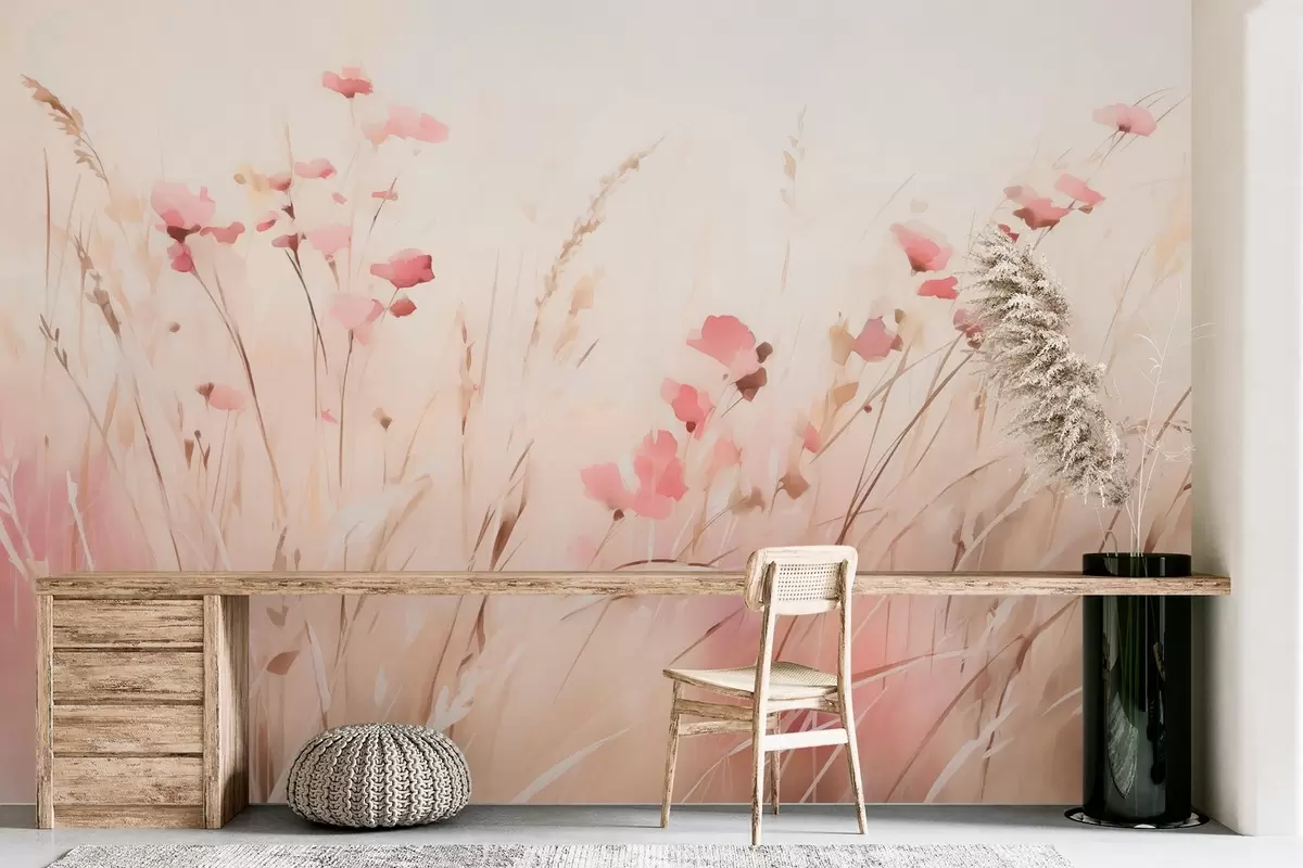 Valokuvatapetti Villi kukkia kuivassa ruohossa jäljitelmä vesivärin w03849