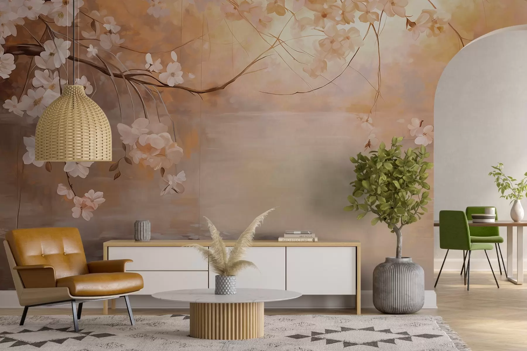 Valokuvatapetti Abstrakti maisema taidetta kukka oksa ja valkoisia kukkia roikkuu yli järven, pehmeät pastellivärit w09046