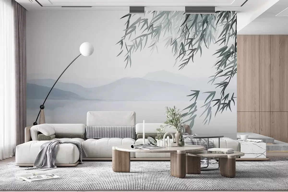 Valokuvatapetti Bambulehdet roikkuvat järven yllä, taustalla vuoret, pehmeät siniset ja valkoiset sävyt, tussimaalaustyylinen maalaus w09048