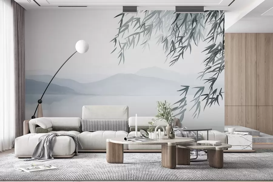 Valokuvatapetti Bambulehdet roikkuvat järven yllä, taustalla vuoret, pehmeät siniset ja valkoiset sävyt, tussimaalaustyylinen maalaus w09048