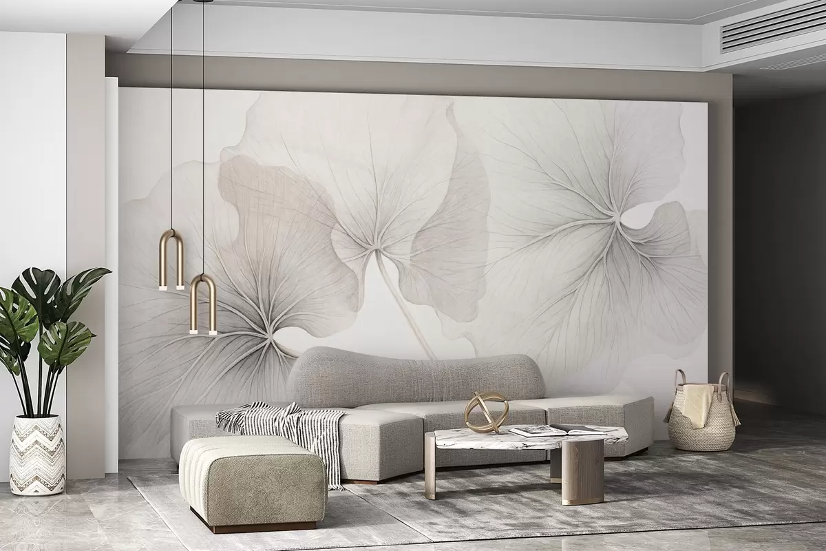 Valokuvatapetti Kolme läpikuultavaa lehteä, joissa on näkyvät suonet, kohinatekstiili, hieman päällekkäin, ohuet varret valkoisella pohjalla w09052