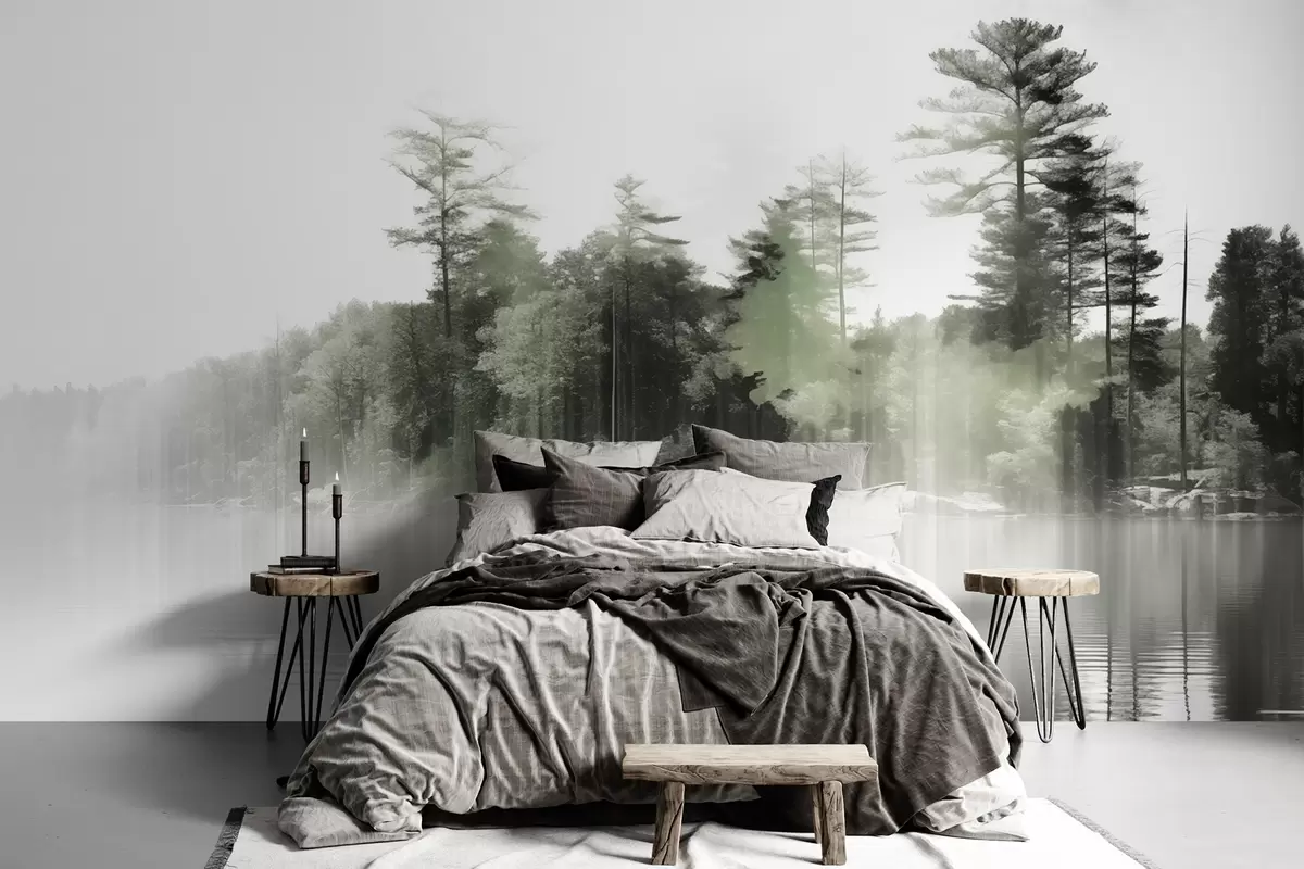 Valokuvatapetti Abstrakti minimalismi kuvioitu maisema, jossa järvi ja puut heijastuksia vedessä vihreän ja valkoisen sävyjä w09058