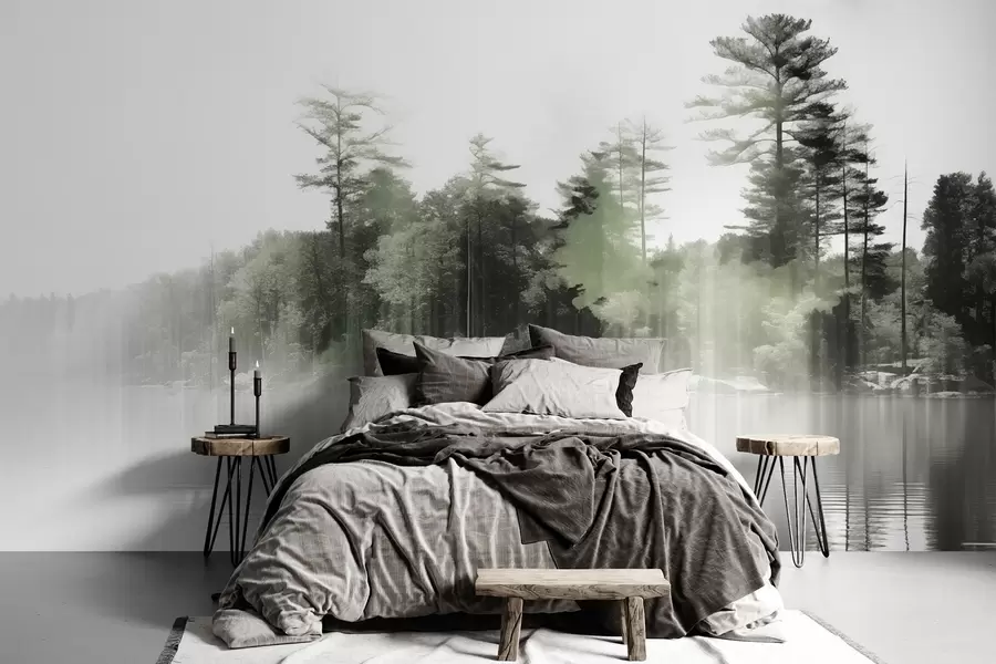 Valokuvatapetti Abstrakti minimalismi kuvioitu maisema, jossa järvi ja puut heijastuksia vedessä vihreän ja valkoisen sävyjä w09058