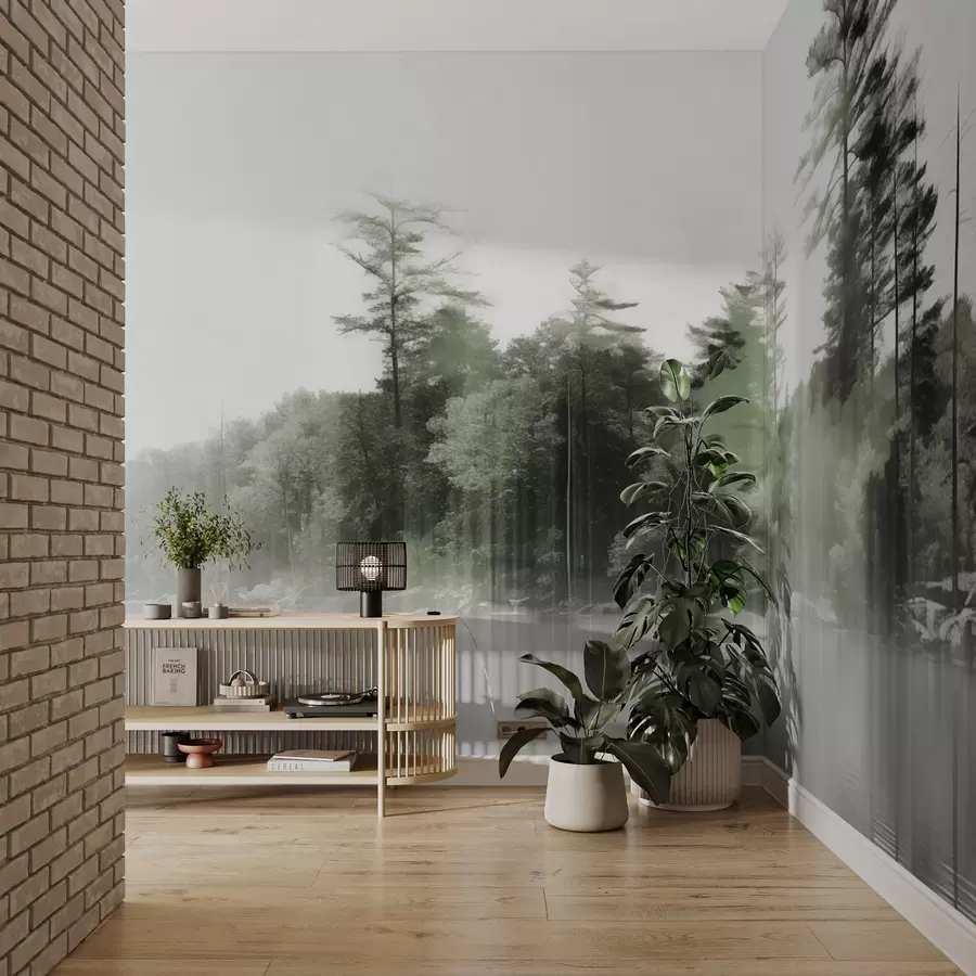 Valokuvatapetti Abstrakti minimalismi kuvioitu maisema, jossa järvi ja puut heijastuksia vedessä vihreän ja valkoisen sävyjä w09058