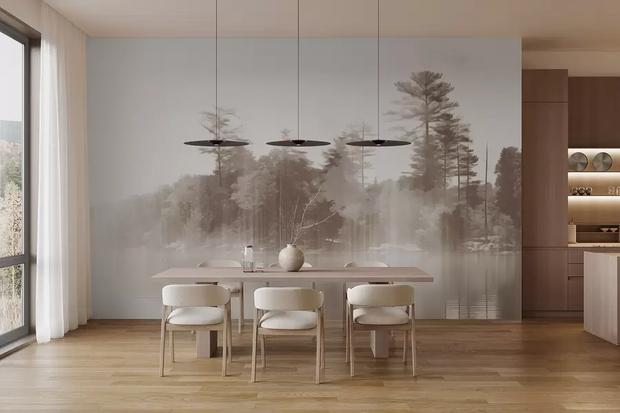 Valokuvatapetti Abstrakti minimalismi kuvioitu maisema, jossa järvi ja puut heijastuksia vedessä beige ja valkoinen sävyjä w09058v1