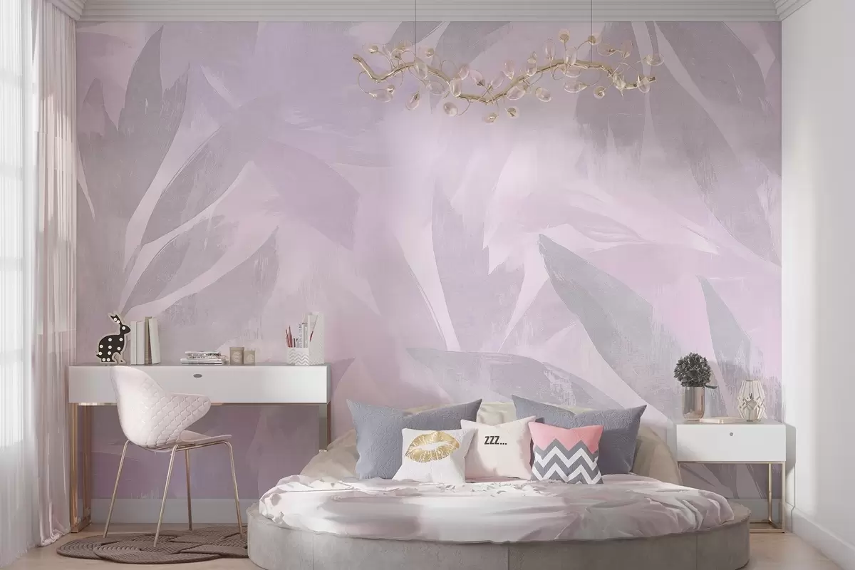 Valokuvatapetti Trooppiset lehdet, kukka, palmupuut, pastellivärit, violetit värit w03881v1