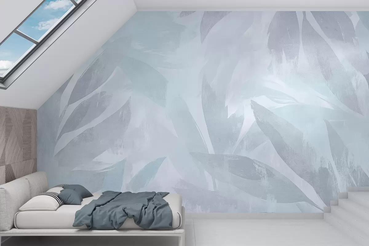 Valokuvatapetti Trooppiset lehdet, kukka, palmupuut, pastelli tyyli, siniset värit w03881v2