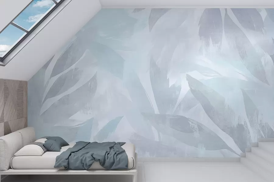 Valokuvatapetti Trooppiset lehdet, kukka, palmupuut, pastelli tyyli, siniset värit w03881v2