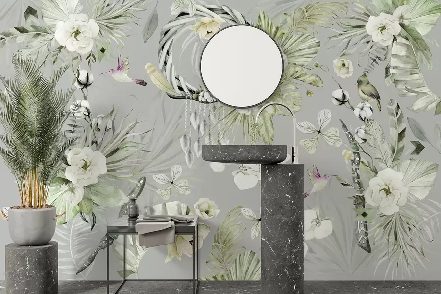 Valokuvatapetti Boho-tyylinen koriste, jossa pionikukkia ja lintuja, vesivärityyli, vihreät värit w03885v2