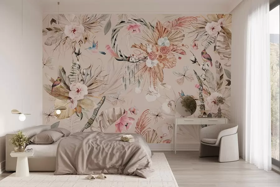 Valokuvatapetti Boho-tyylinen koriste, jossa pionikukkia ja lintuja, vesivärityyli, pehmeät värit w03885v3