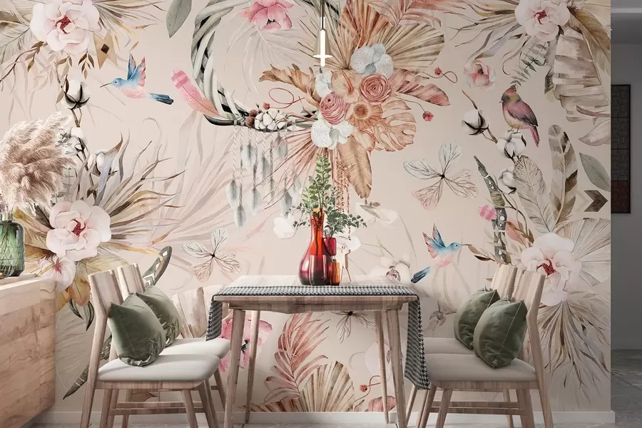 Valokuvatapetti Boho-tyylinen koriste, jossa pionikukkia ja lintuja, vesivärityyli, pehmeät värit w03885v3