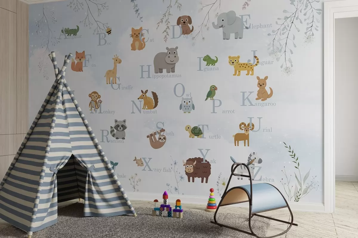 Valokuvatapetti Aakkoset sinisillä kirjaimilla, kasveilla ja taivaalla w03809v1