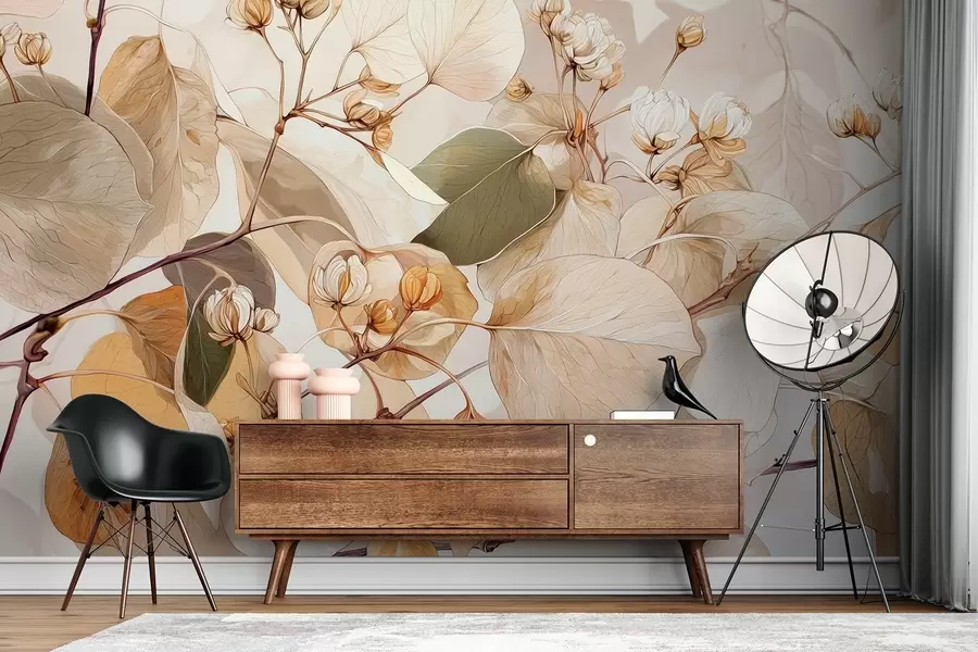 Valokuvatapetti Haapojen lehtien ja kukkien oksat öljyvärimaalauksen tyyliin beigen sävyin w09082