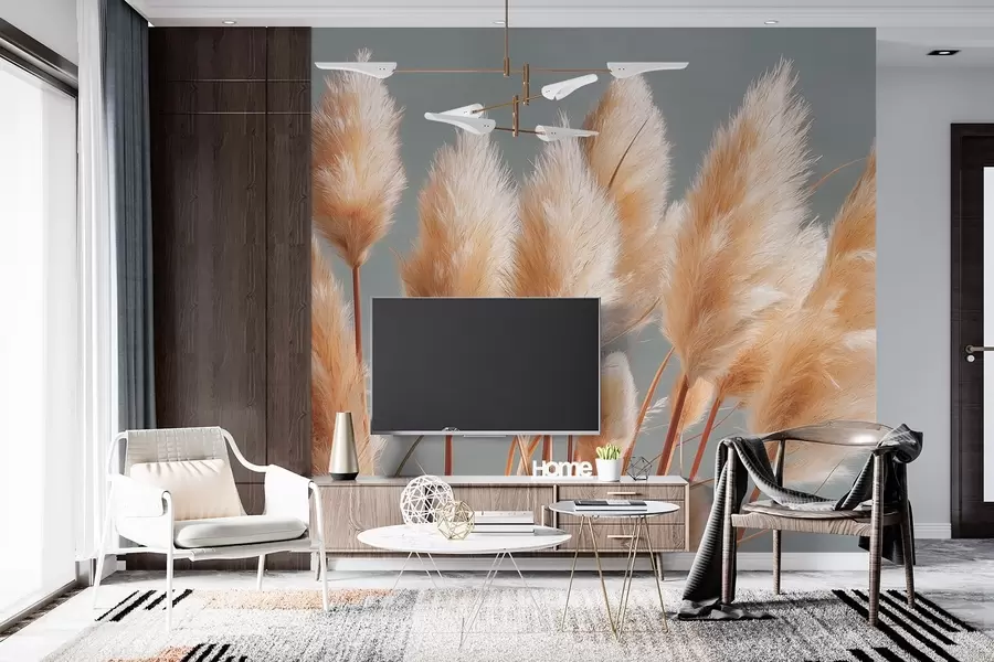 Valokuvatapetti Beige pampasruohoa siniharmaalla pohjalla w09083